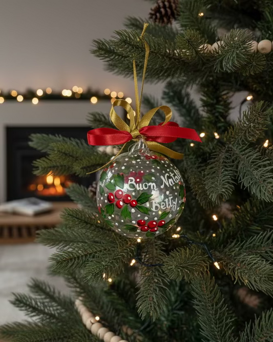 Bacche Rosse e Agrifoglio – Ornamento in Vetro Dipinto a Mano | Regalo di Natale