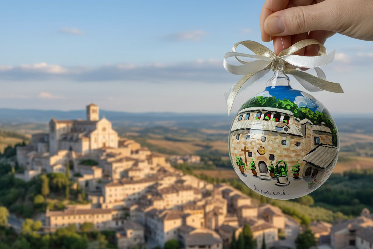 Assisi, Eremo delle Carceri – Ornamento in Vetro Dipinto a Mano | Souvenir Umbria