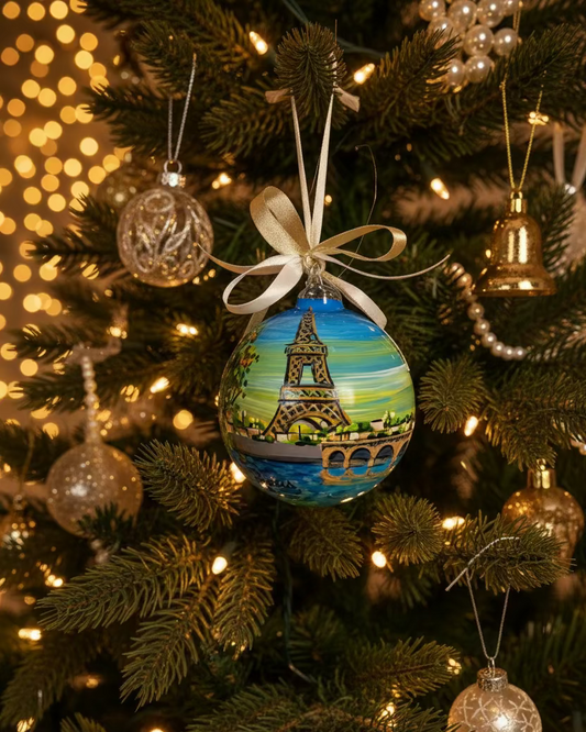 ornamento in vetro dipinto a mano che raffigura Parigi con la torre Eiffel, un ponte e il fiume Senna. Il cielo è sfumato dal blu chiaro al giallo.