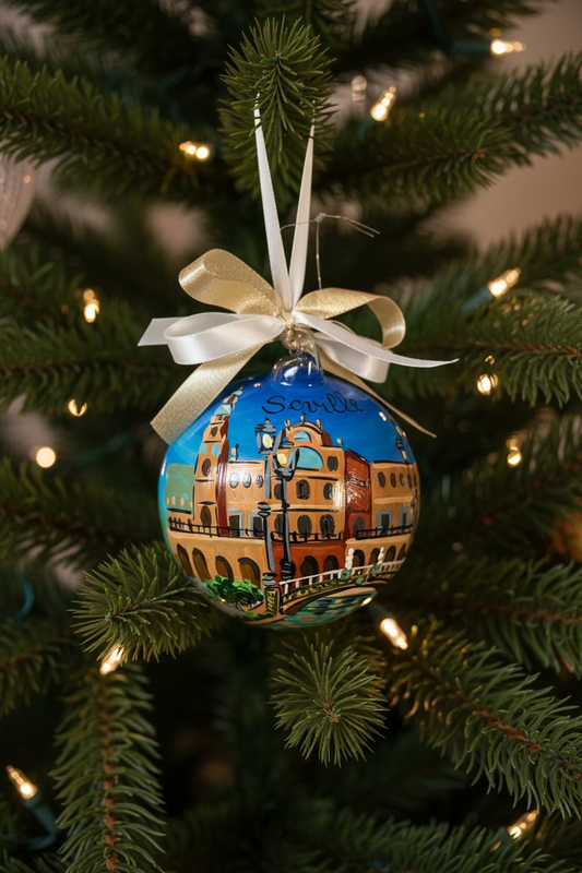 Seville Plaza de España hand-painted glass ornament on lit Christmas tree with white and gold ribbon – Spain gift