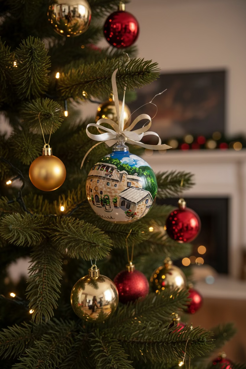 Assisi Eremo delle Carceri hand-painted glass ornament on lit Christmas tree with red and gold baubles – Italy gift