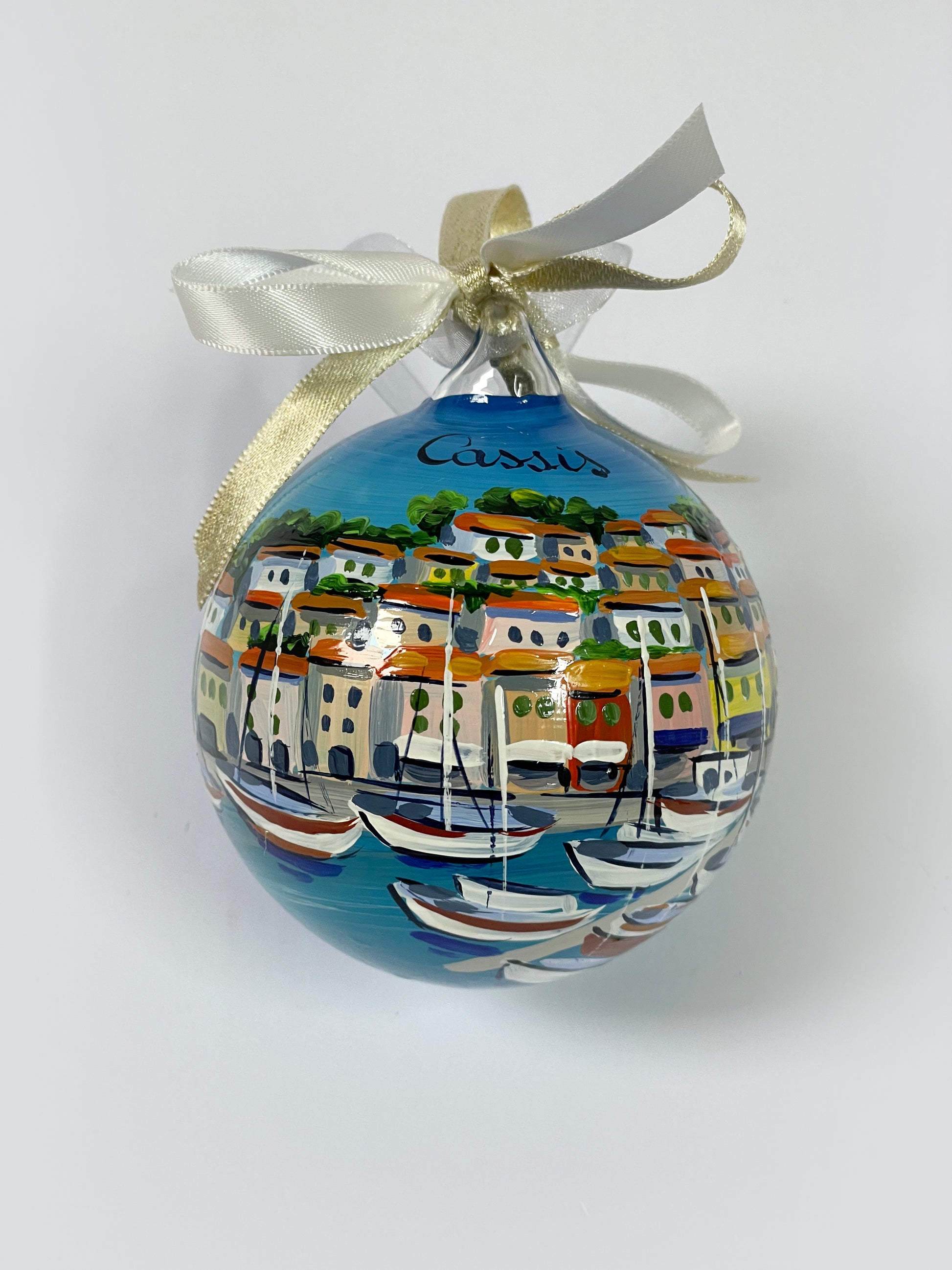 Cassis Francia ornamento dipinto a mano con paese francese, case mare e barche