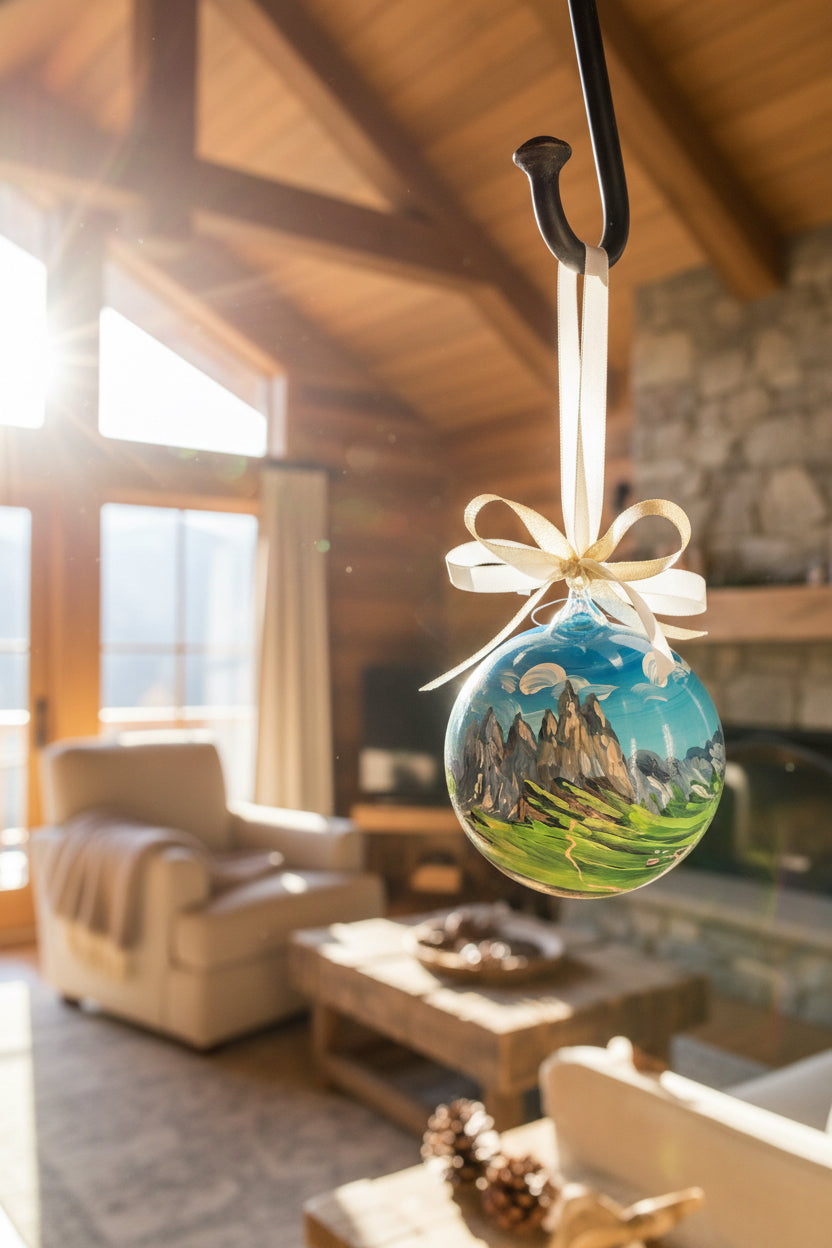 ornamento personalizzato dipinto a mano con raffigurato paesaggio delle Dolomiti italiane 