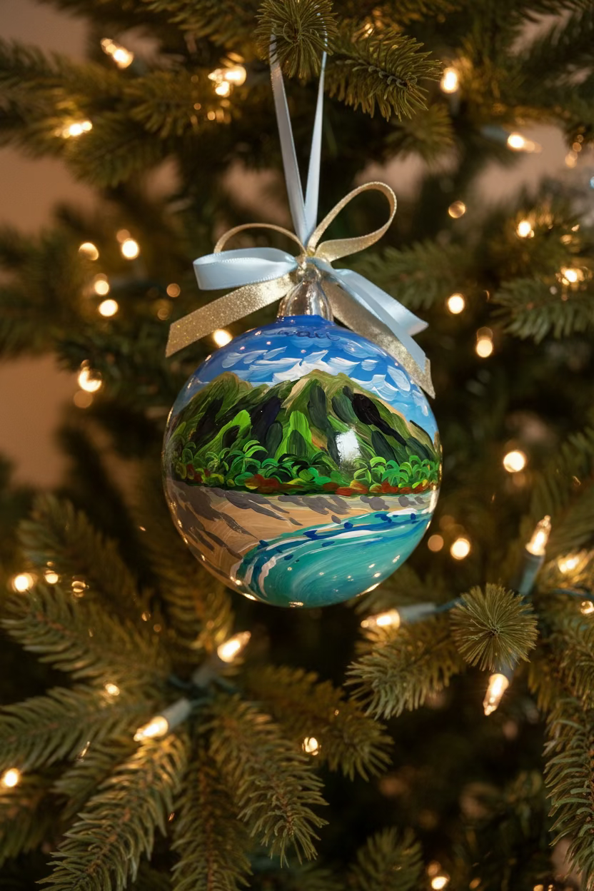 Hawaii hand-painted glass ornament on lit Christmas tree with light blue and gold ribbon – tropical USA gift
