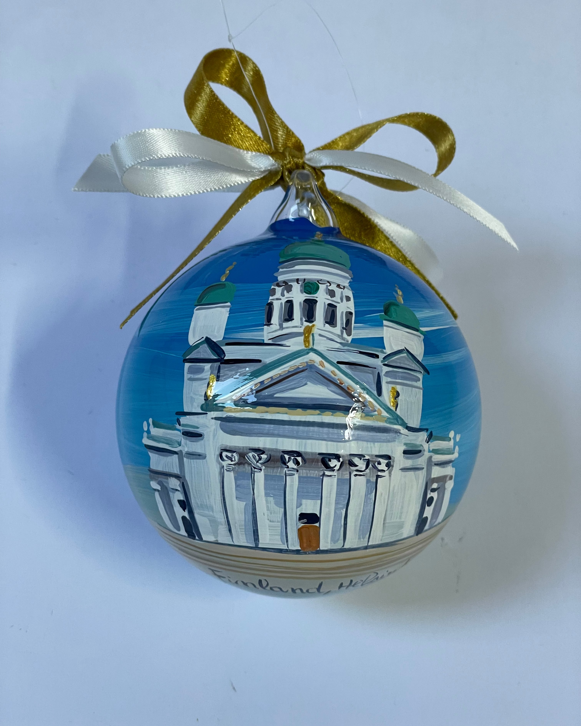 Hand-painted glass ornament – Helsinki Cathedral with green domes and blue sky, Finland souvenir