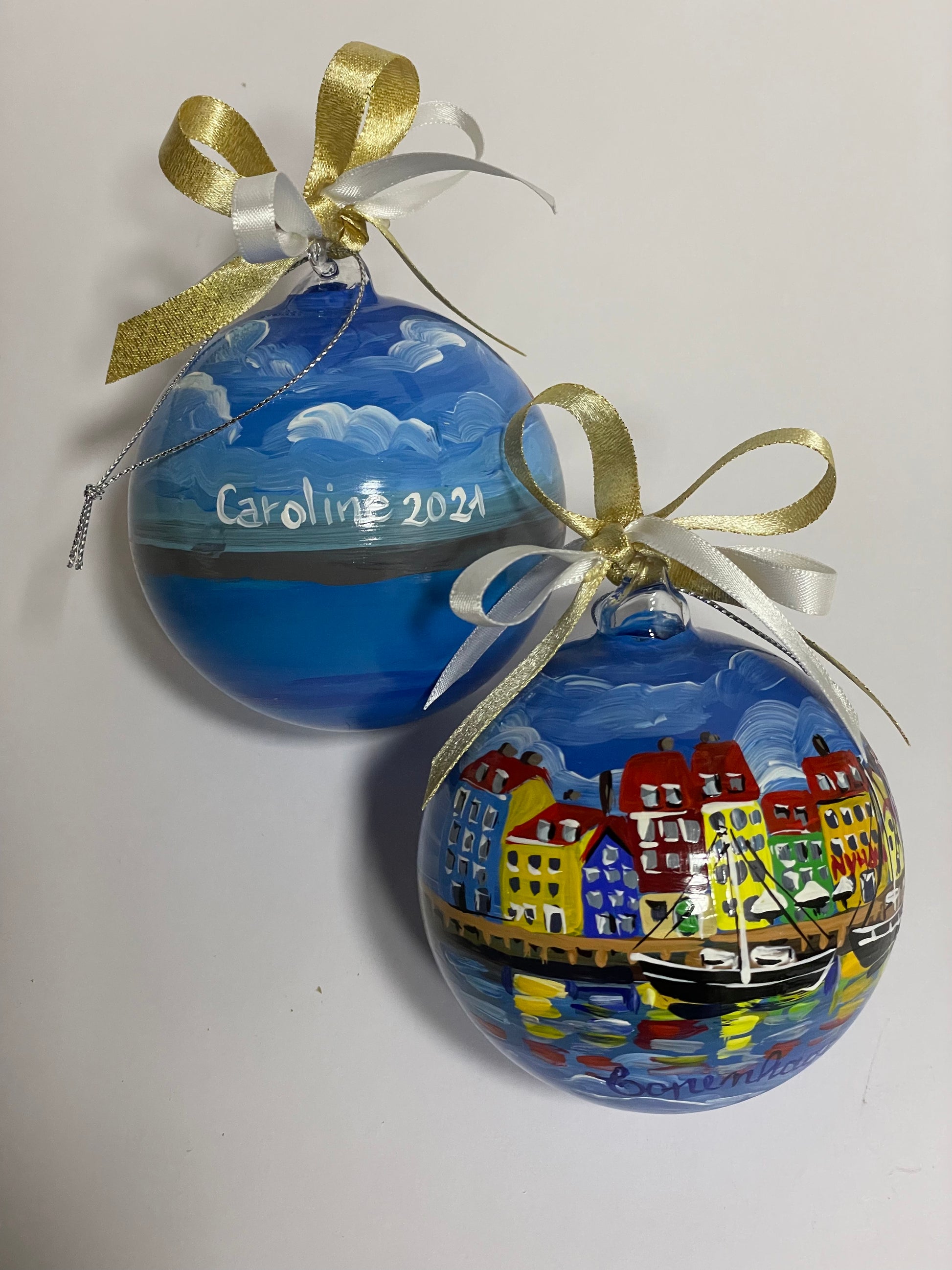Hand-painted glass Christmas ornament with Nyhavn Copenhagen – sailboats, colourful houses and Danish flag, gold ribbon – FerrariSoniArt