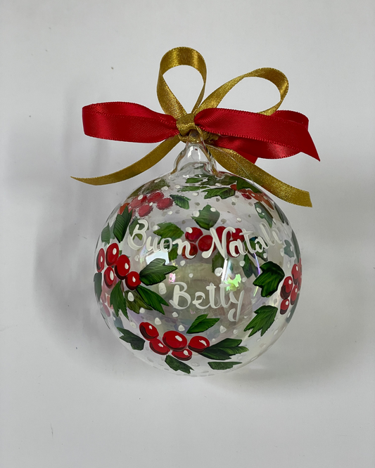 Bacche Rosse e Agrifoglio – Ornamento in Vetro Dipinto a Mano | Regalo di Natale