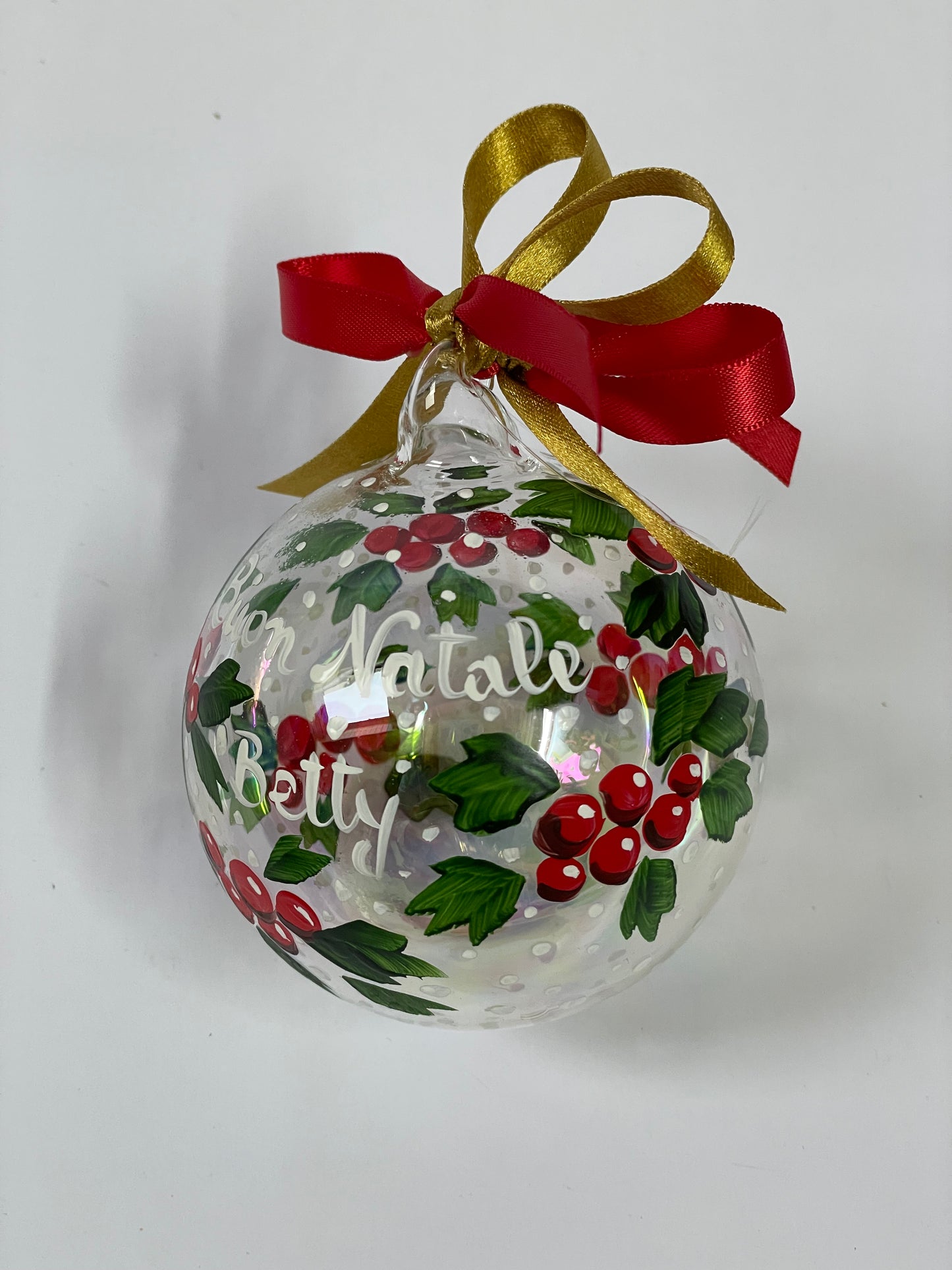 Bacche Rosse e Agrifoglio – Ornamento in Vetro Dipinto a Mano | Regalo di Natale
