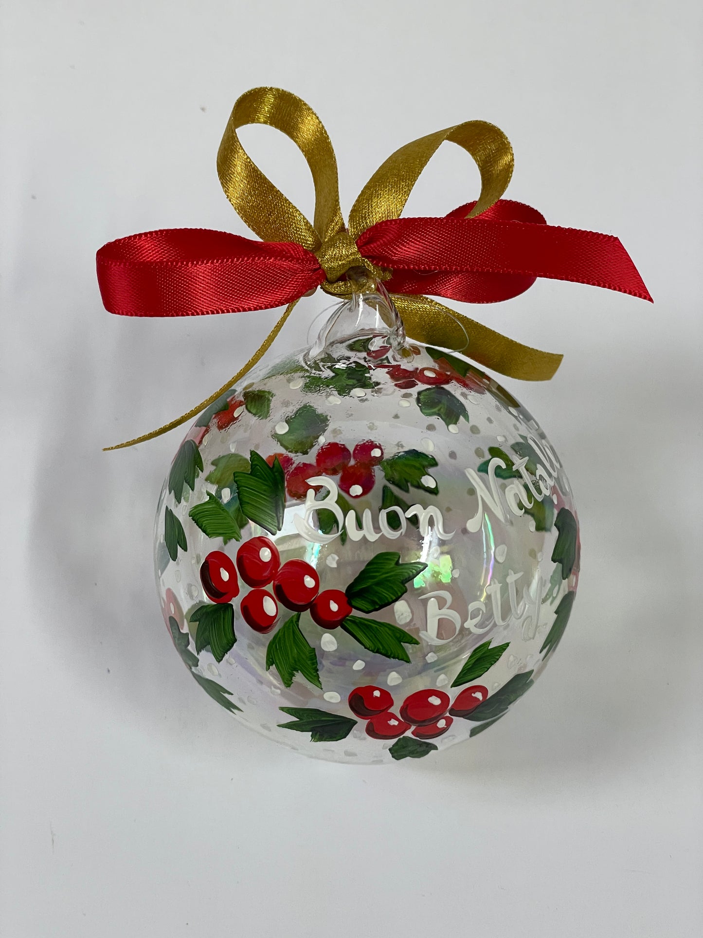 Bacche Rosse e Agrifoglio – Ornamento in Vetro Dipinto a Mano | Regalo di Natale
