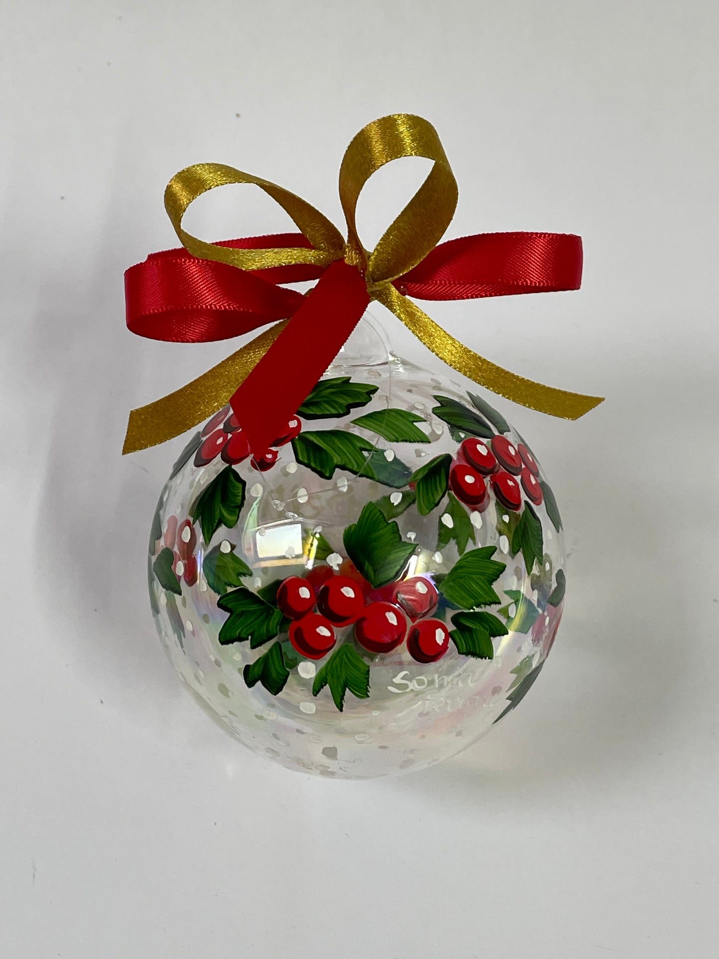 Bacche Rosse e Agrifoglio – Ornamento in Vetro Dipinto a Mano | Regalo di Natale