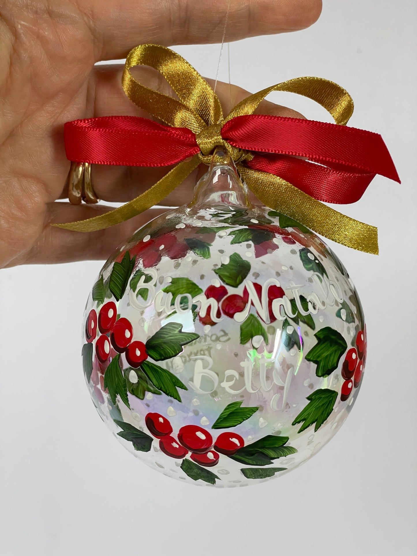 Bacche Rosse e Agrifoglio – Ornamento in Vetro Dipinto a Mano | Regalo di Natale