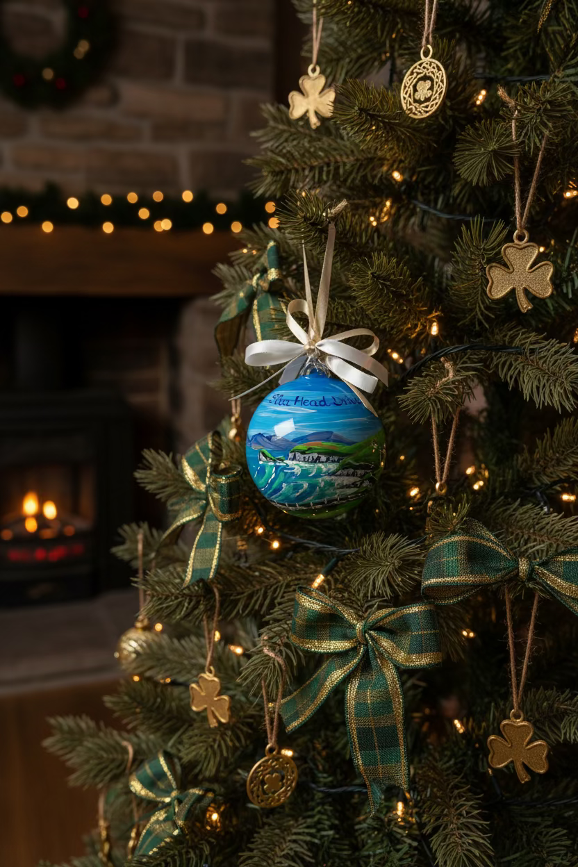 Slea Head Drive Ireland glass ornament on Christmas tree with fireplace – Irish holiday decor