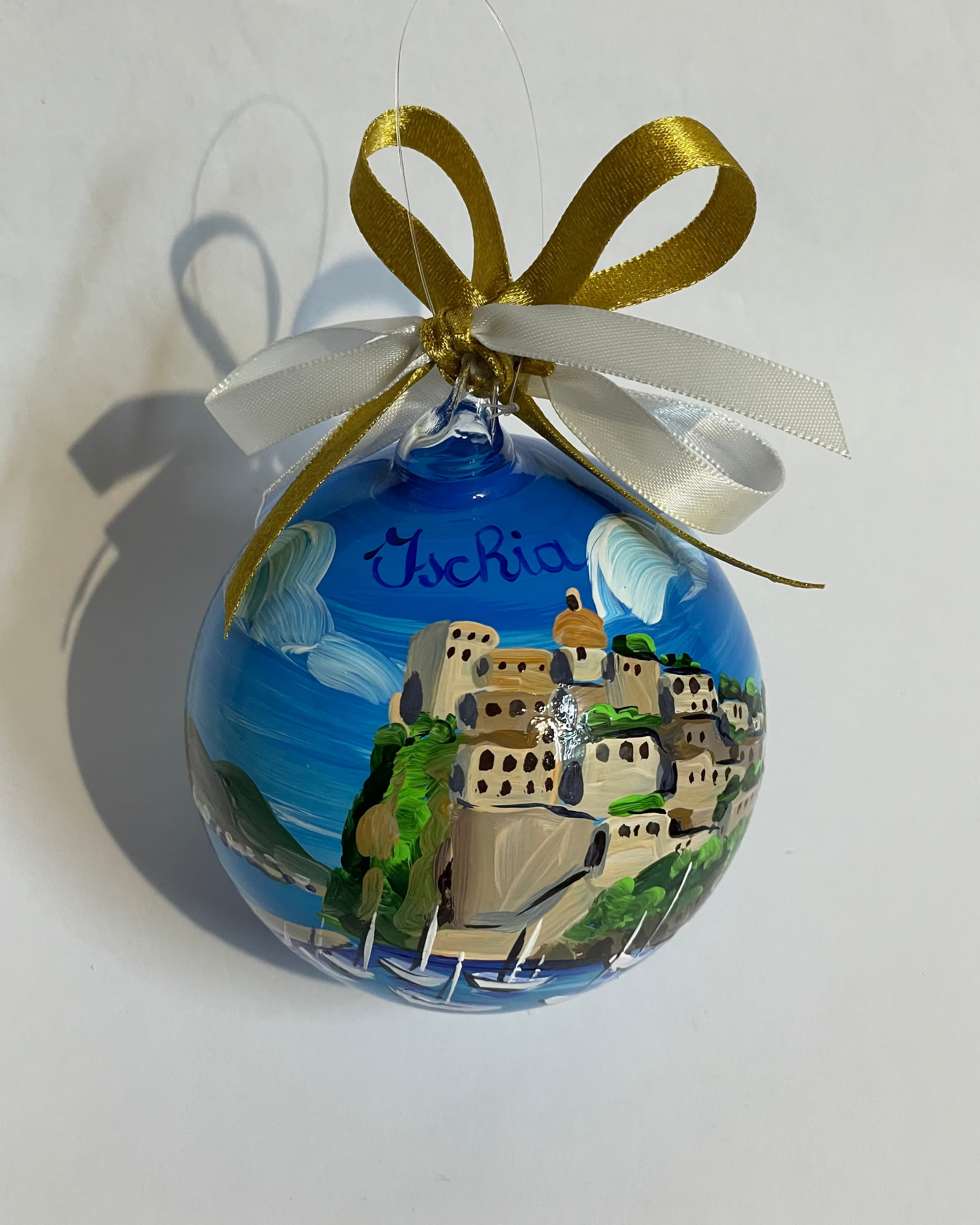 Hand-painted glass ornament – Ischia Aragonese Castle with sailboats and blue sea, Gulf of Naples souvenir