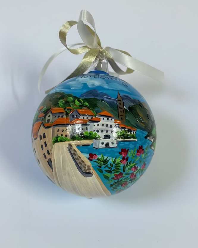 Hand-painted glass ornament – Kotor Montenegro bay with orange-roofed houses, church tower and green mountains, Adriatic souvenir