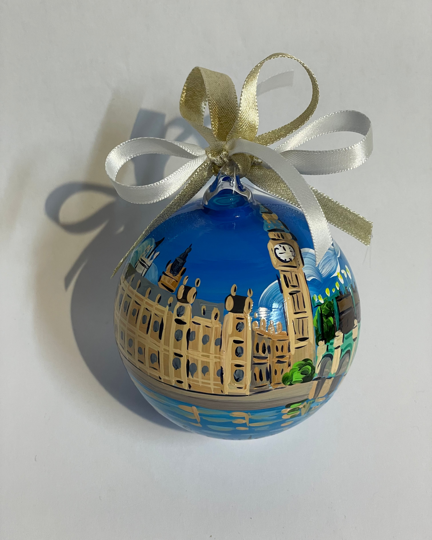 Hand-painted glass ornament – London Big Ben and Houses of Parliament with Thames River, UK souvenir