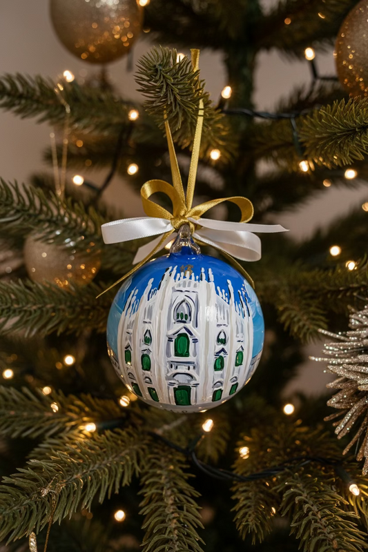 Milan Duomo hand-painted glass ornament on Christmas tree with white ribbon – Italy gift