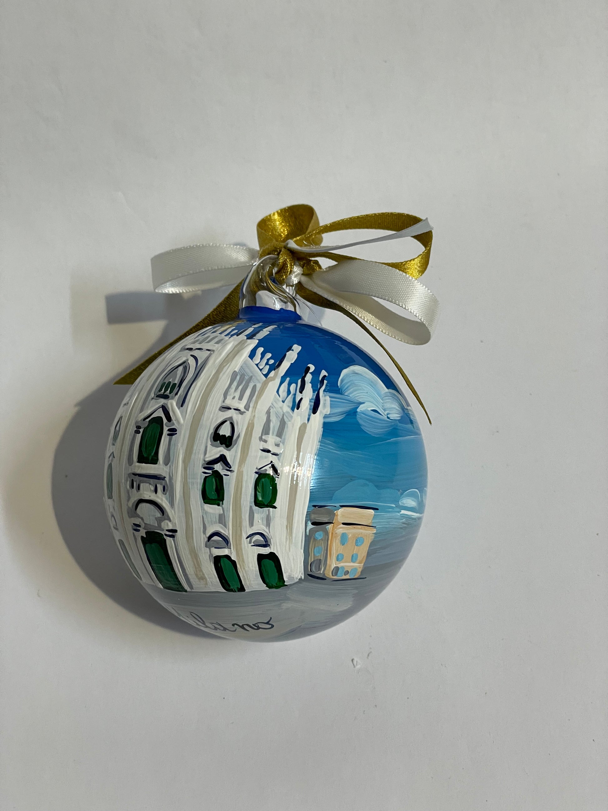 Back of hand-painted glass ornament – Milan Duomo inscription and cathedral detail, Lombardy souvenir