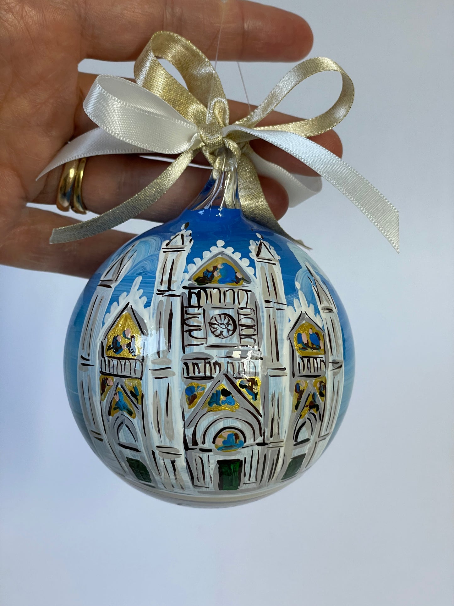 Ornamento in vetro dipinto a mano con Duomo di Orvieto, Made in Italy, personalizzato con scritta.