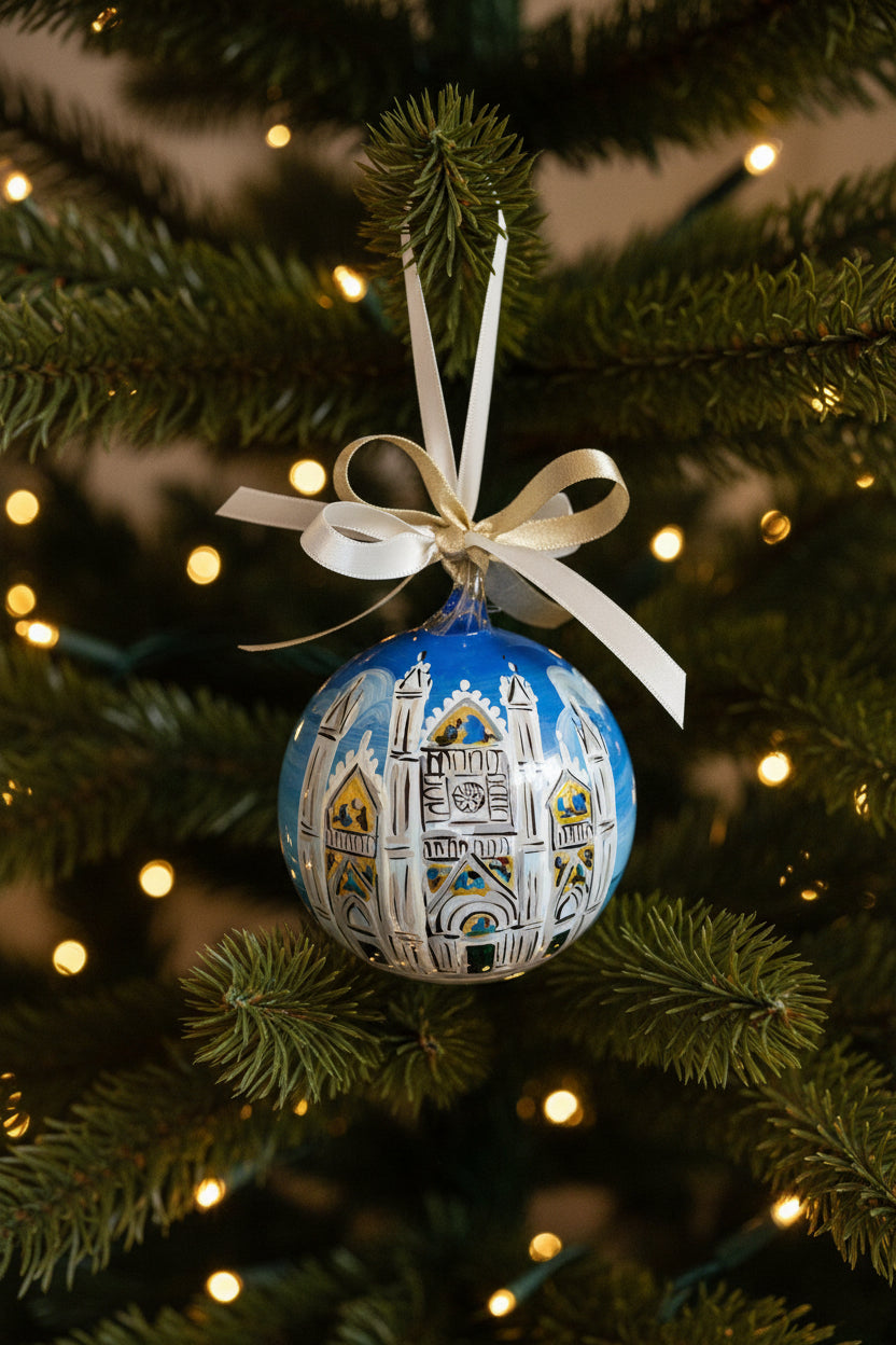 dettaglio di Ornamento in vetro dipinto a mano con Duomo di Orvieto, Made in Italy, personalizzato con scritta.