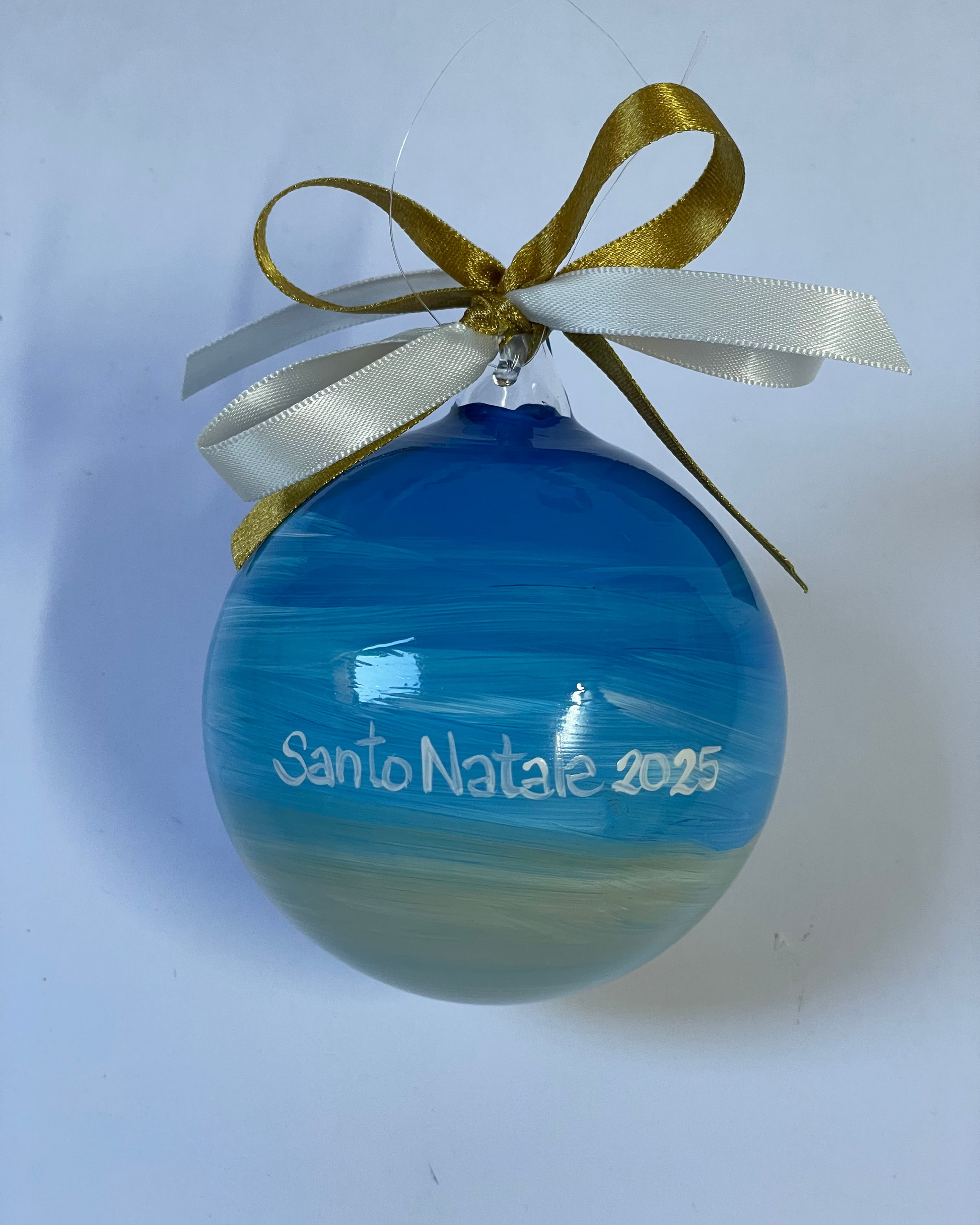 Custom hand-painted glass ornament – Santo Natale 2025 with turquoise ocean, personalized Christmas gift