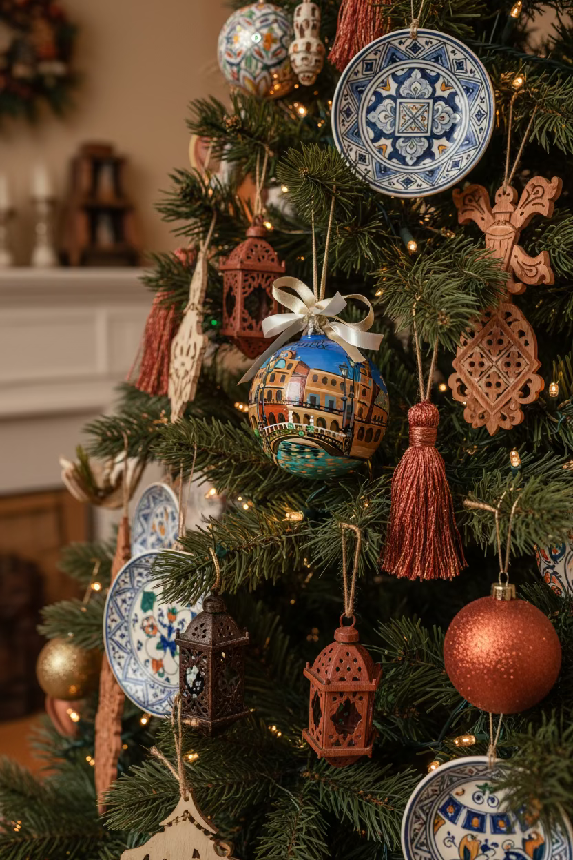 Seville hand-painted glass ornament on Andalusian Christmas tree with red lanterns, ceramic plates and warm fireplace