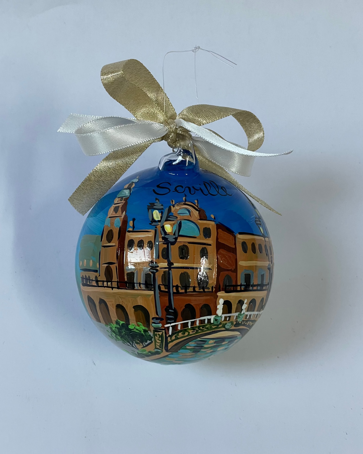 Hand-painted glass ornament – Seville Plaza de España with canal, bridge and ornate buildings, Andalusia Spain souvenir