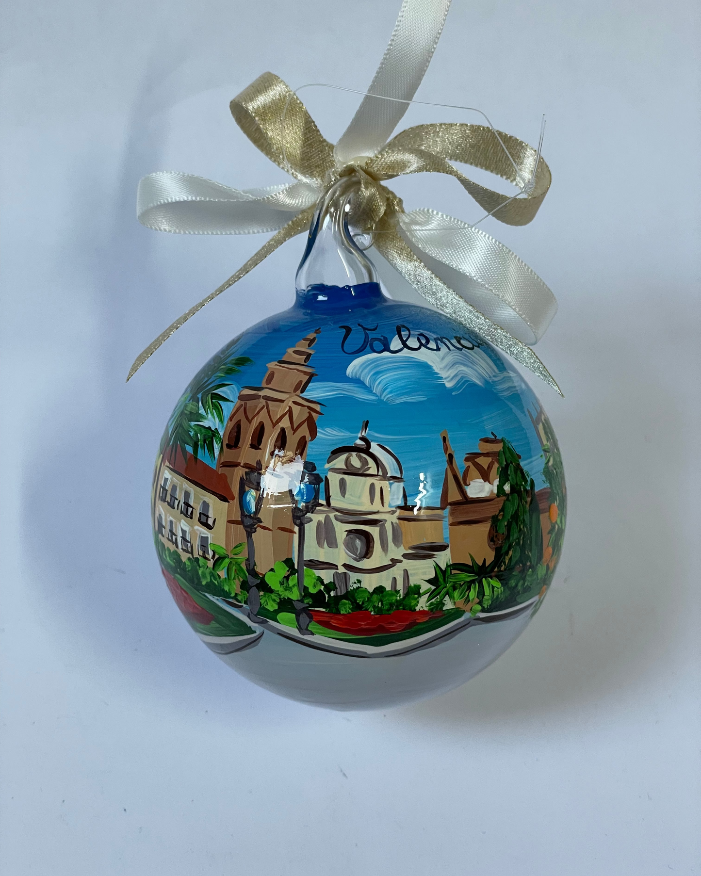 Hand-painted glass ornament – Valencia Cathedral and Plaza de la Reina with palm trees and blue sky, Spain souvenir