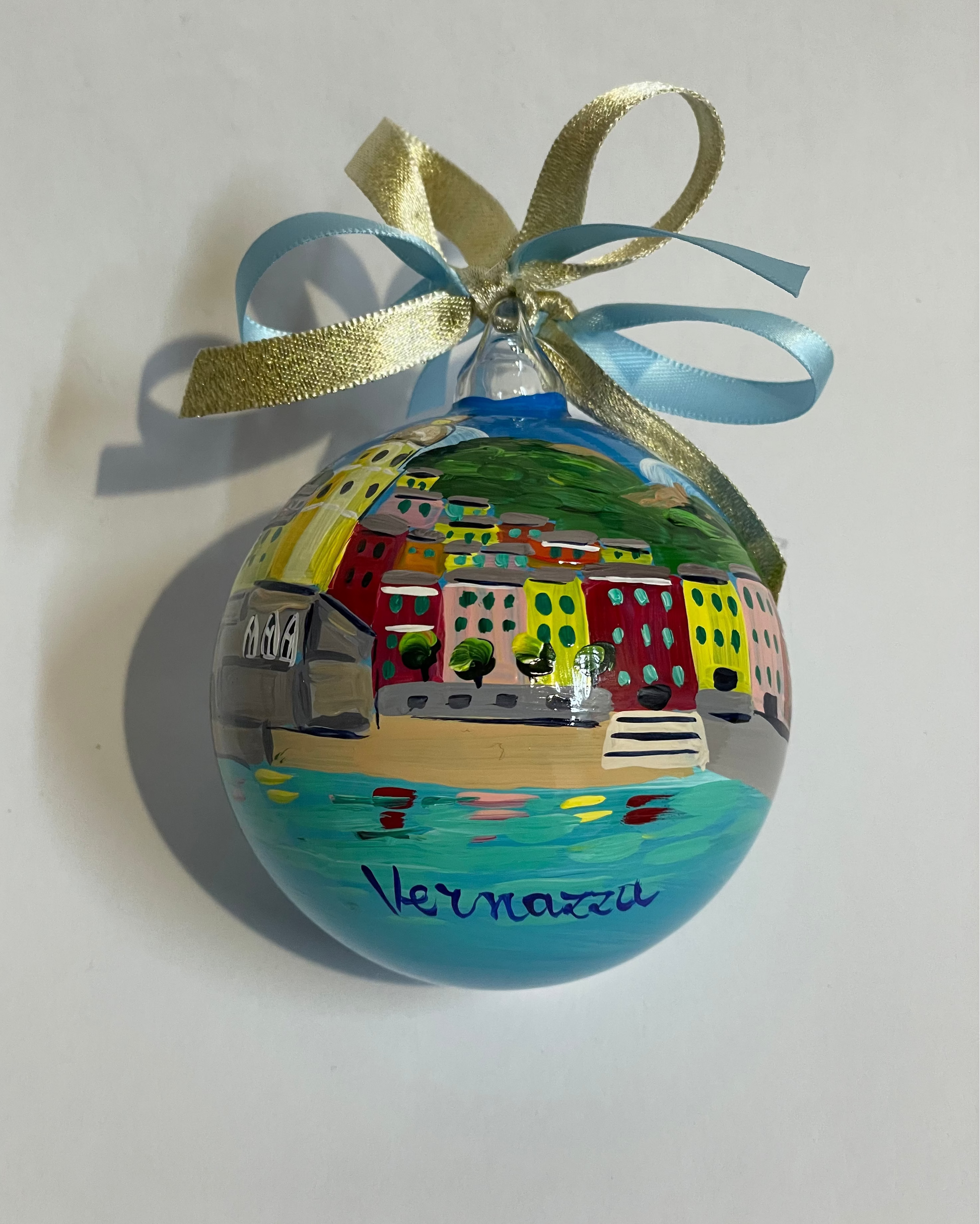 Hand-painted glass ornament – Vernazza Cinque Terre harbour with colourful houses and turquoise sea, Liguria Italy souvenir