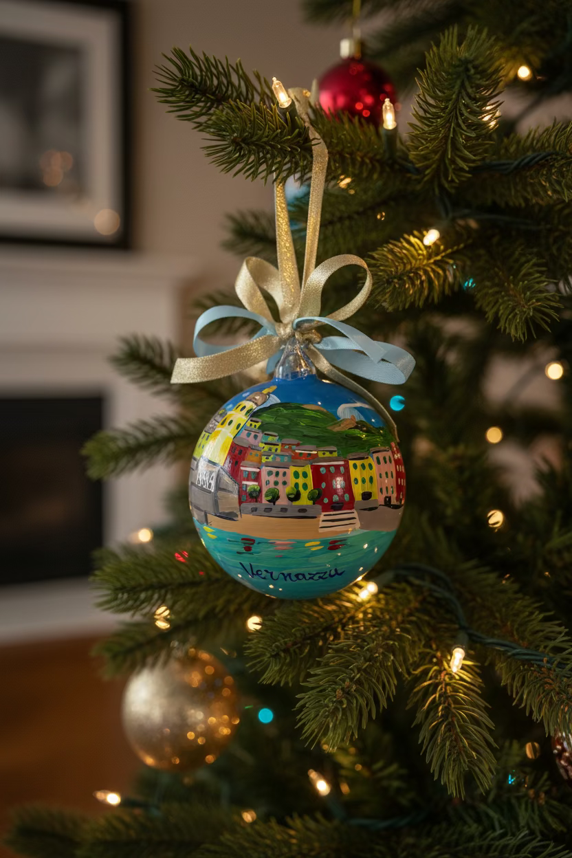 Vernazza Cinque Terre hand-painted glass ornament on lit Christmas tree with light blue and gold ribbon – Italy gift
