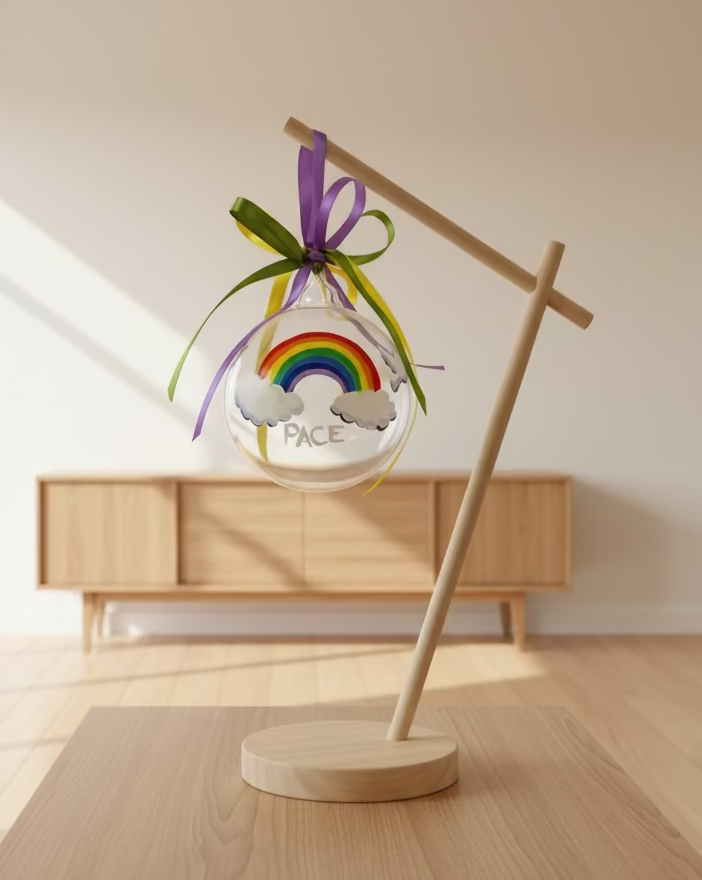 pallina di vetro dipinta con l'arcobaleno della pace e due nuvole, a lato due colombe