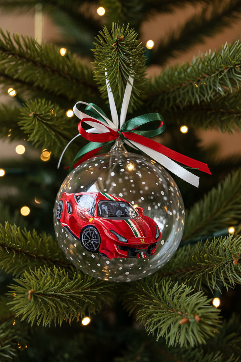 automobile dipinta su ornamento in vetro trasparente 