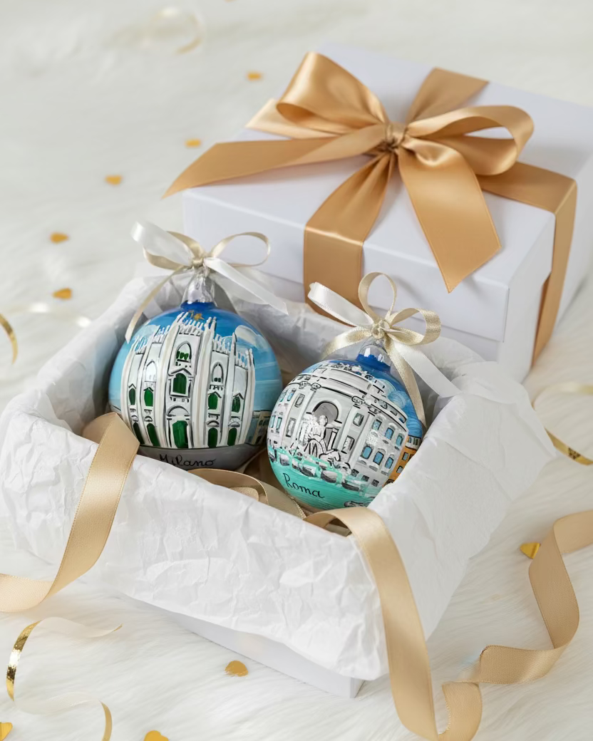 Milan Duomo and Rome Trevi Fountain hand-painted glass ornaments in white gift box with gold ribbon