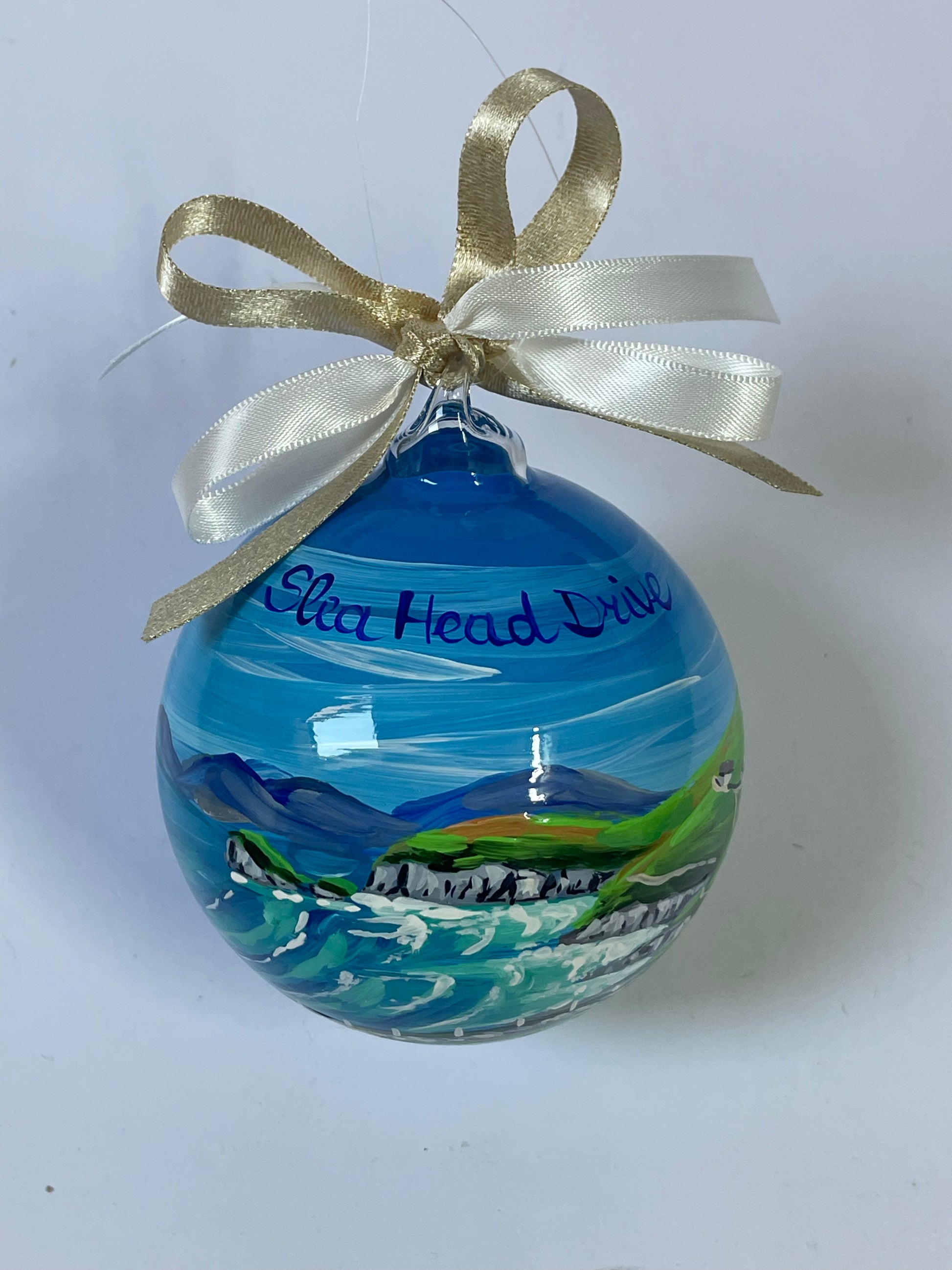 Slea Head Drive hand-painted glass ornament front view – Irish cliffs and ocean landscape