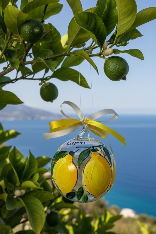 Capri lemon hand-painted glass ornament on Christmas tree with yellow and white ribbon – Italy gift