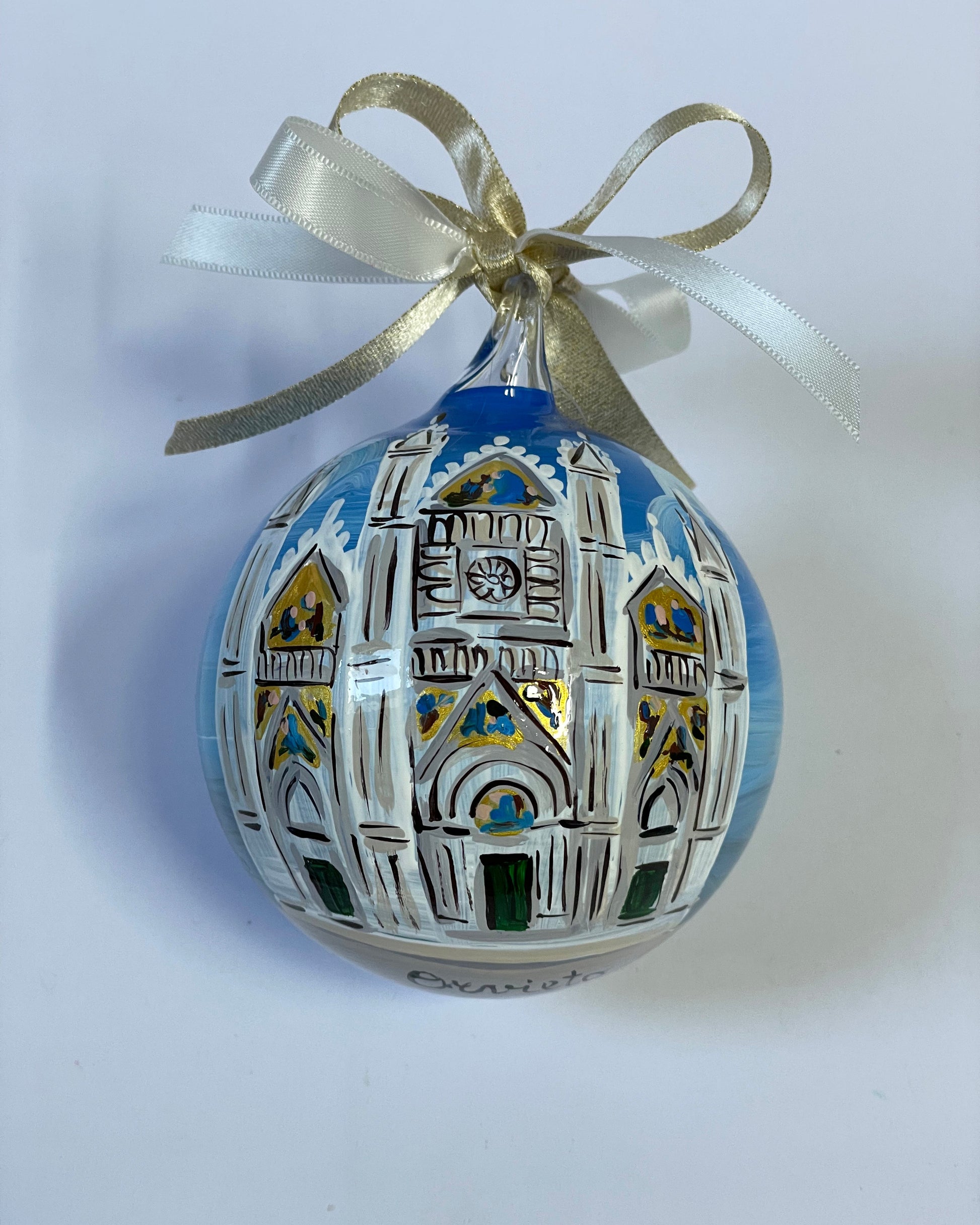 Ornamento in vetro dipinto a mano con Duomo di Orvieto, Made in Italy, personalizzato con scritta.