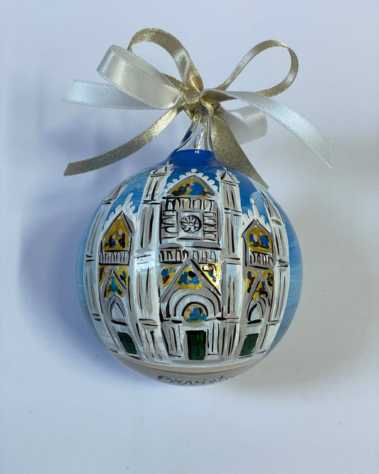 Ornamento in vetro dipinto a mano con Duomo di Orvieto, Made in Italy, personalizzato con scritta.