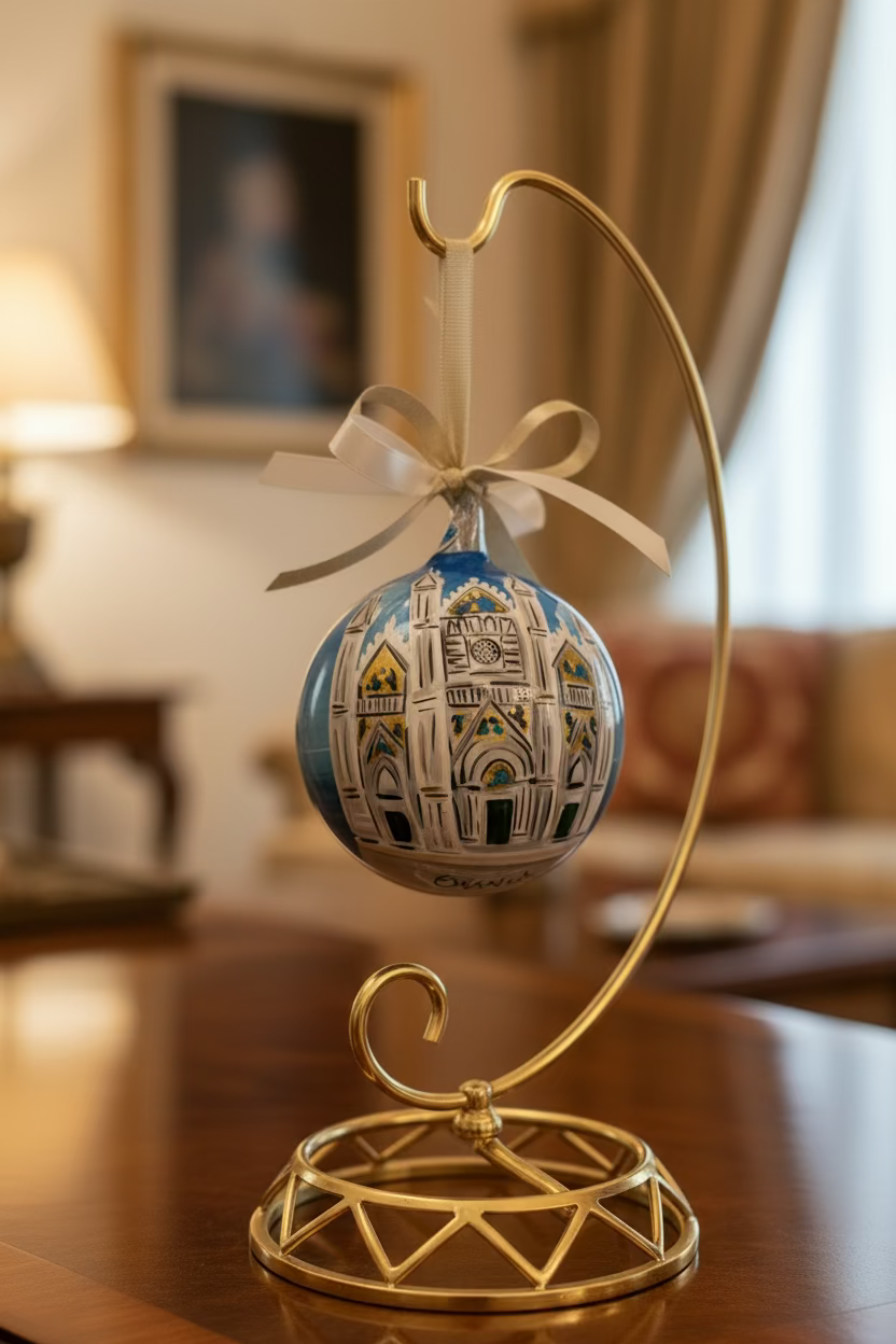 Ambientazione di Ornamento in vetro dipinto a mano con Duomo di Orvieto, Made in Italy, personalizzato con scritta.