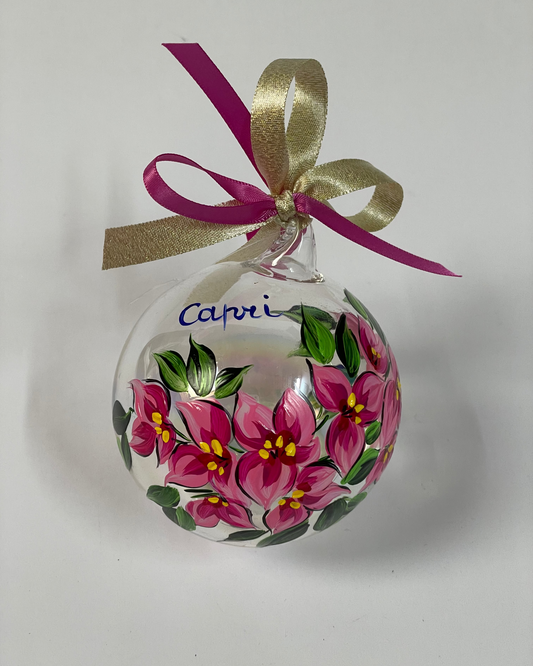 ornamento in vetro dipinto a mano con buganvillee e scritta Capri