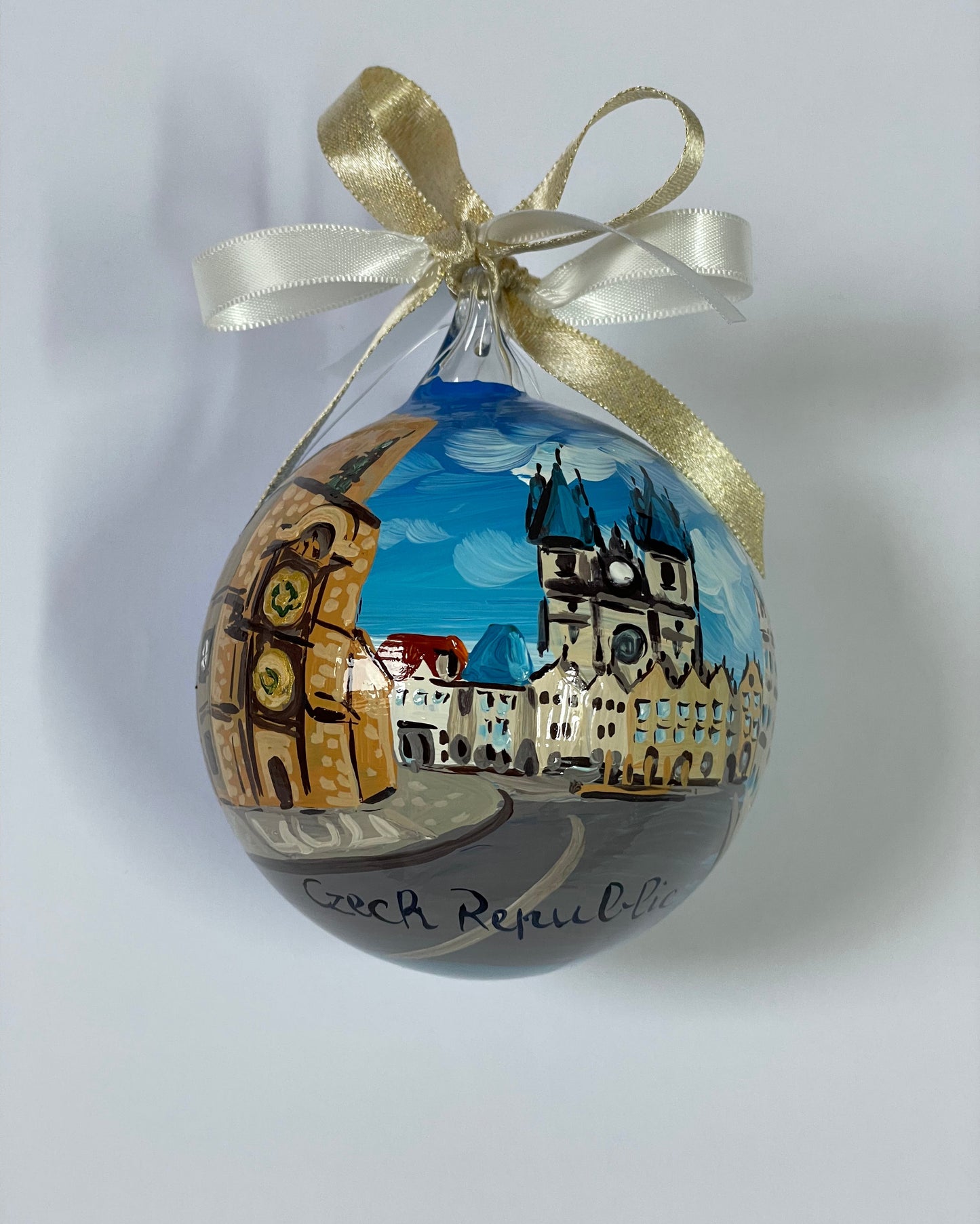ornamento in vetro dipinto a mano raffigurante la città di Praga, Repubblica Ceca.