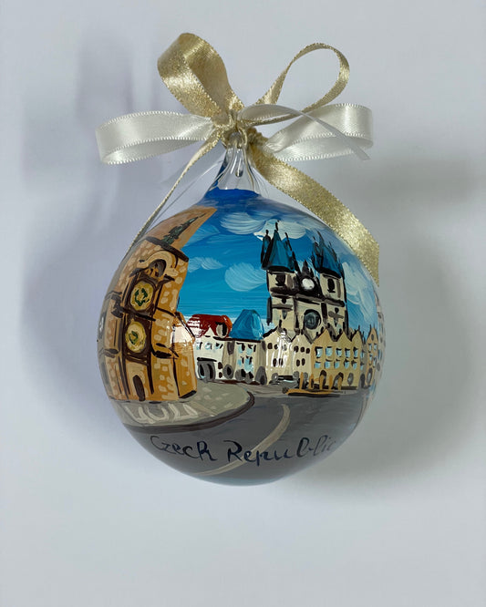 ornamento in vetro dipinto a mano raffigurante la città di Praga, Repubblica Ceca.