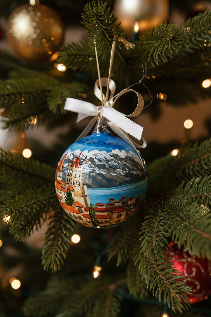 ornamento dipinto a mano con paesaggio della Svizzera con castello, lago e monti innevati